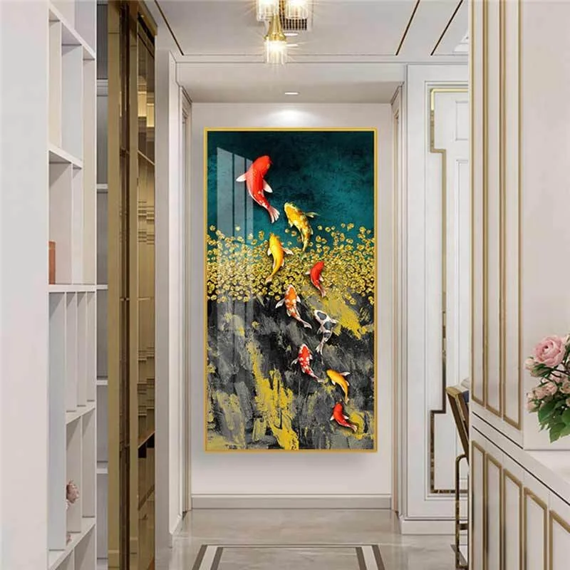 Luxury nine fish picture decorative painting modern simple murals wholesale atmospheric vertical version hanging picture