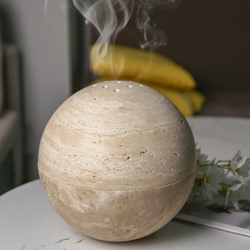 Home Hotel Ornament Religious Buddha Ramadan Arabian Round Ball Large Size Natural Beige Travertine Incense Burner Holder