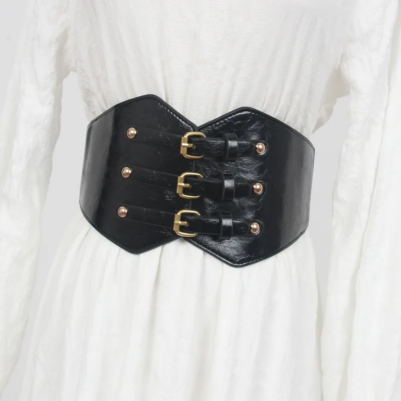 Three-raw Metal Needle Buckle Glossy Leather 14CM Wide High-waist Girdle Belt Dress Elasticity