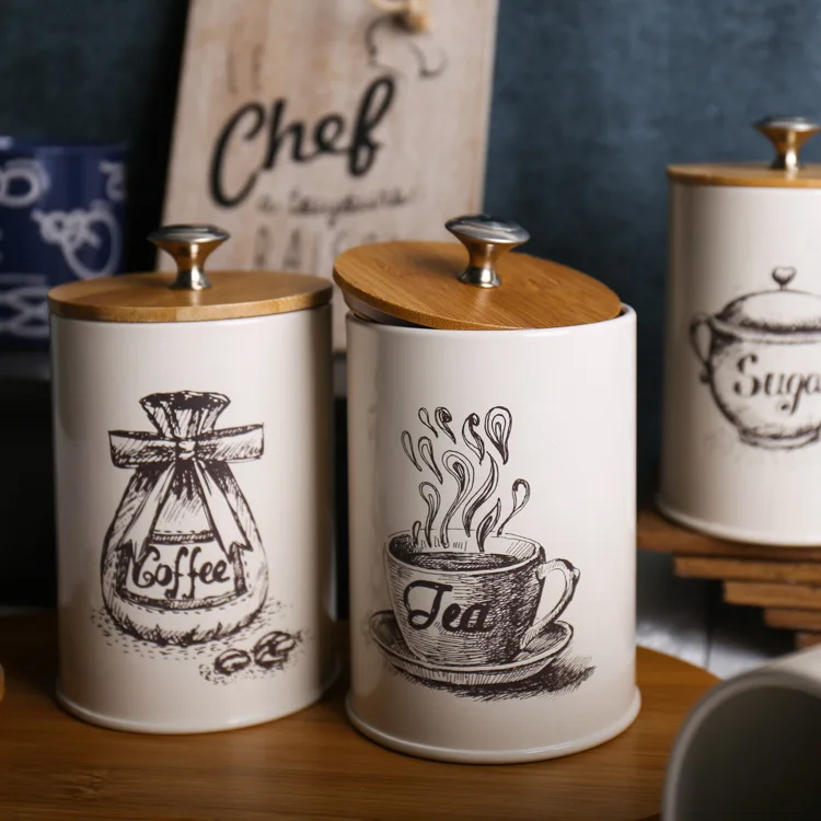 3 Pack Kitchen Canisters with Bamboo Lids Coffee Tea Food Storage Candy Sugar Containers Modern Design Jar Airtight Metal Set