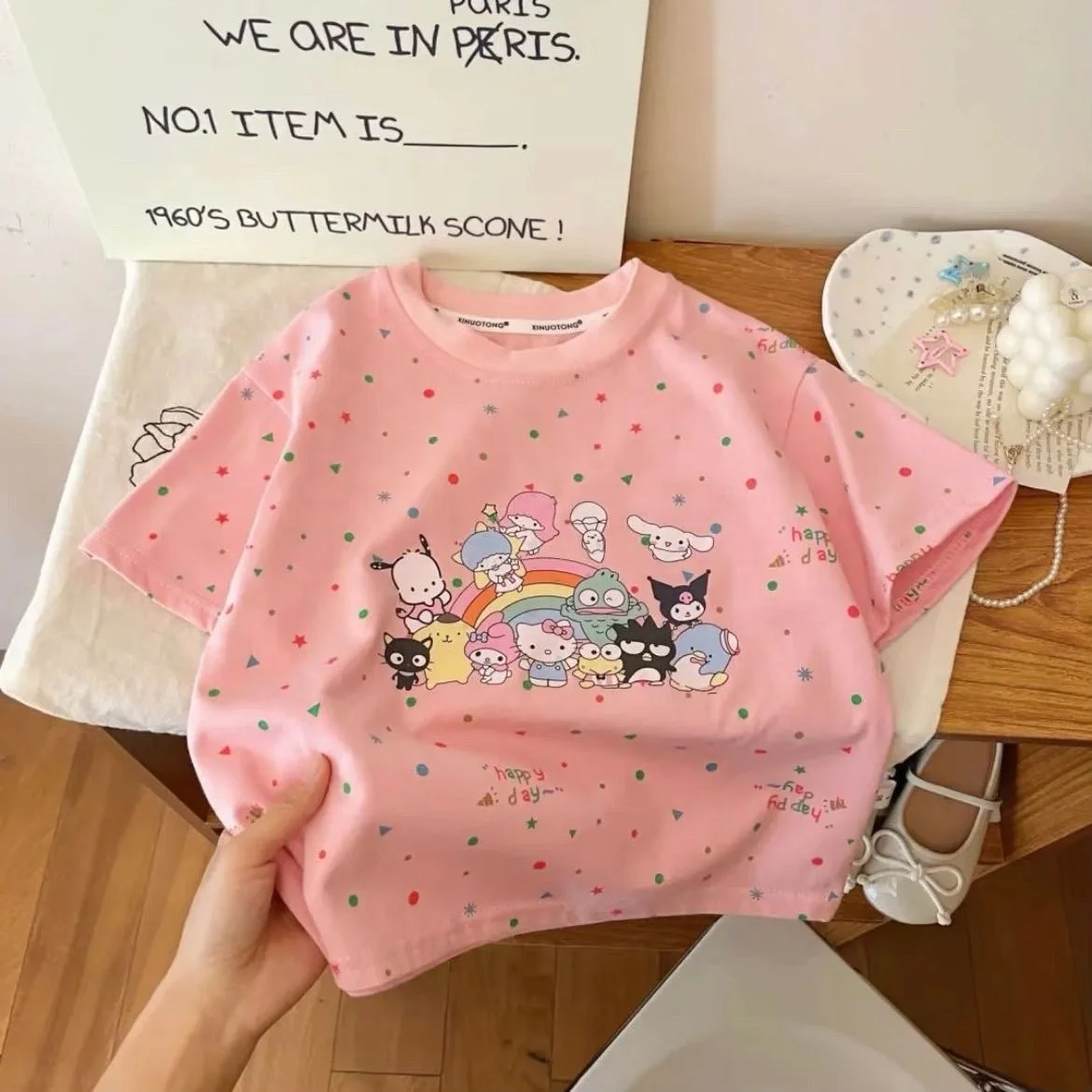 Милая 2024 летняя новая футболка sanrioed с круглым вырезом kawaii аниме Мелодия куломи Модная хлопковая Повседневная Детская кофта коротким рукавом