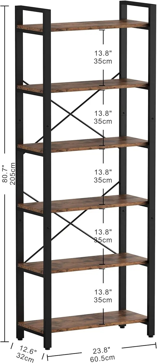 Bookcase 6 Shelves Vintage Industrial Style Bookcase For Home Office Decoration