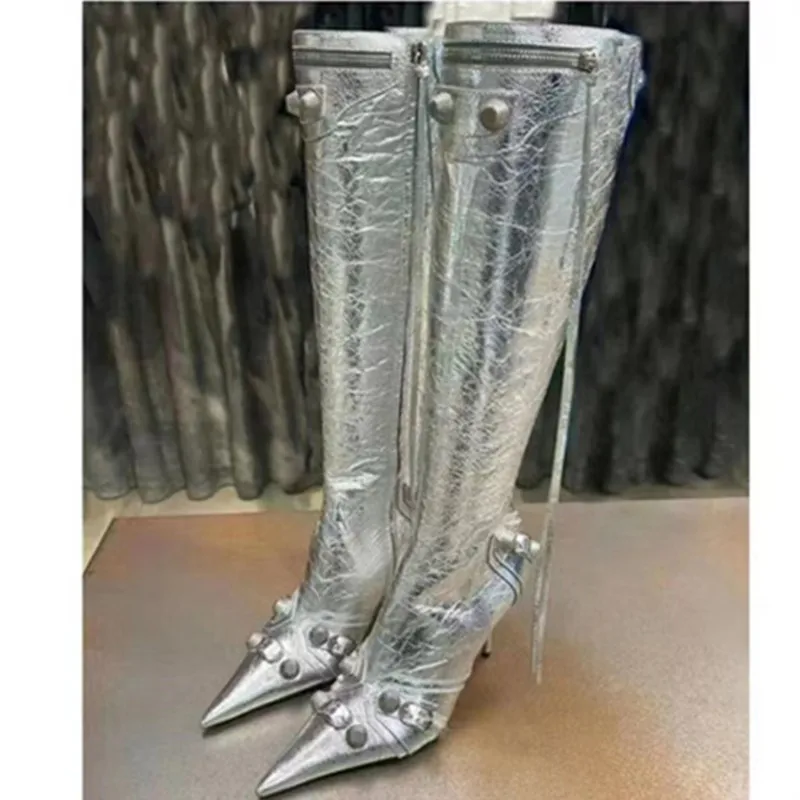 2024 New pointed tassels with fashion long boots for women with metal spikes and high heels