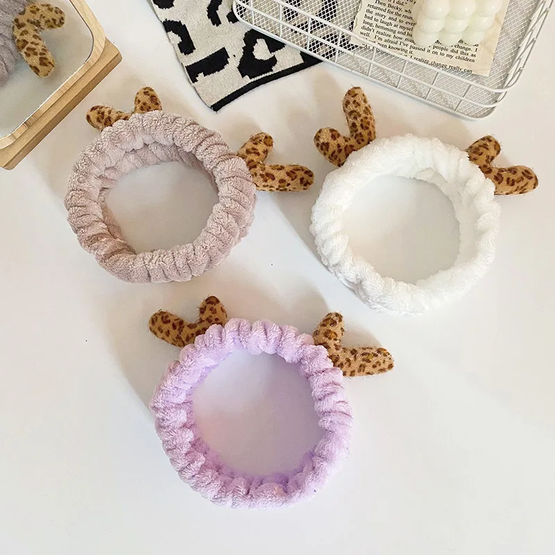 Bath Photo Prop Hair Accessories Women Girls Cute Coral Fleece Deer Horn Elastic Headbands Soft Comfortable Wash Face