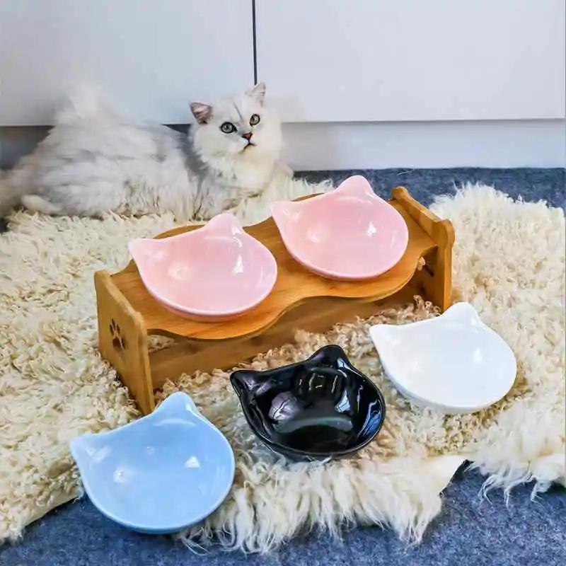 Manufacturer Wholesale Solid bamboo Frame And Two Ceramic Pet Bowl