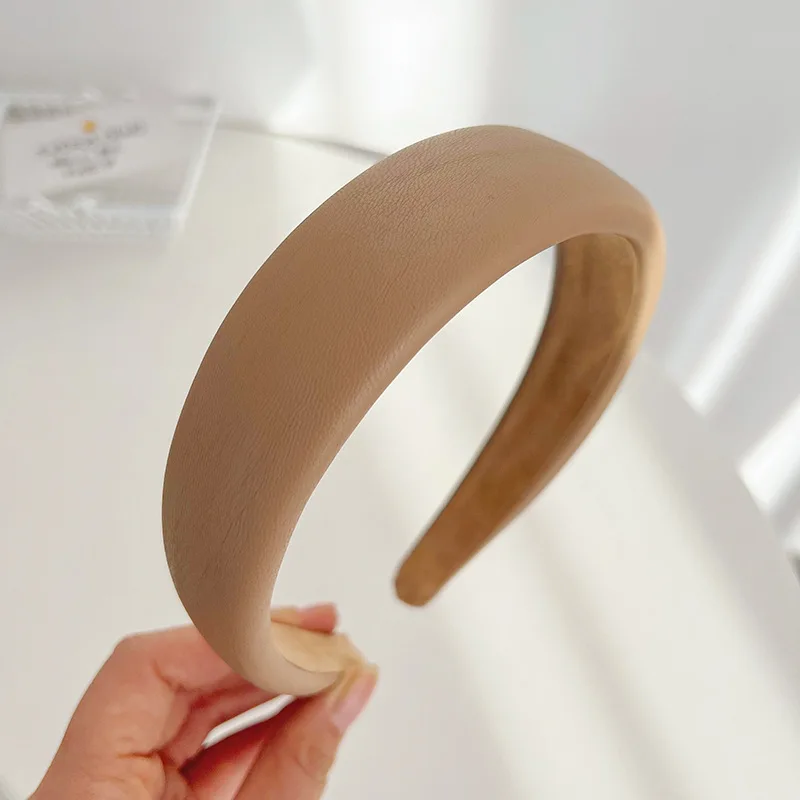 South Korea Dongdaemun retro female style with simple pure color PU leather widened head band sponge leather hair band