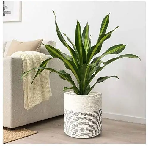 Cheap 3 Set Round Orange Large Weaving Fabric Felt Hanging Plant Laundry Cotton Rope Woven Storage Basket Bag With Long Handles