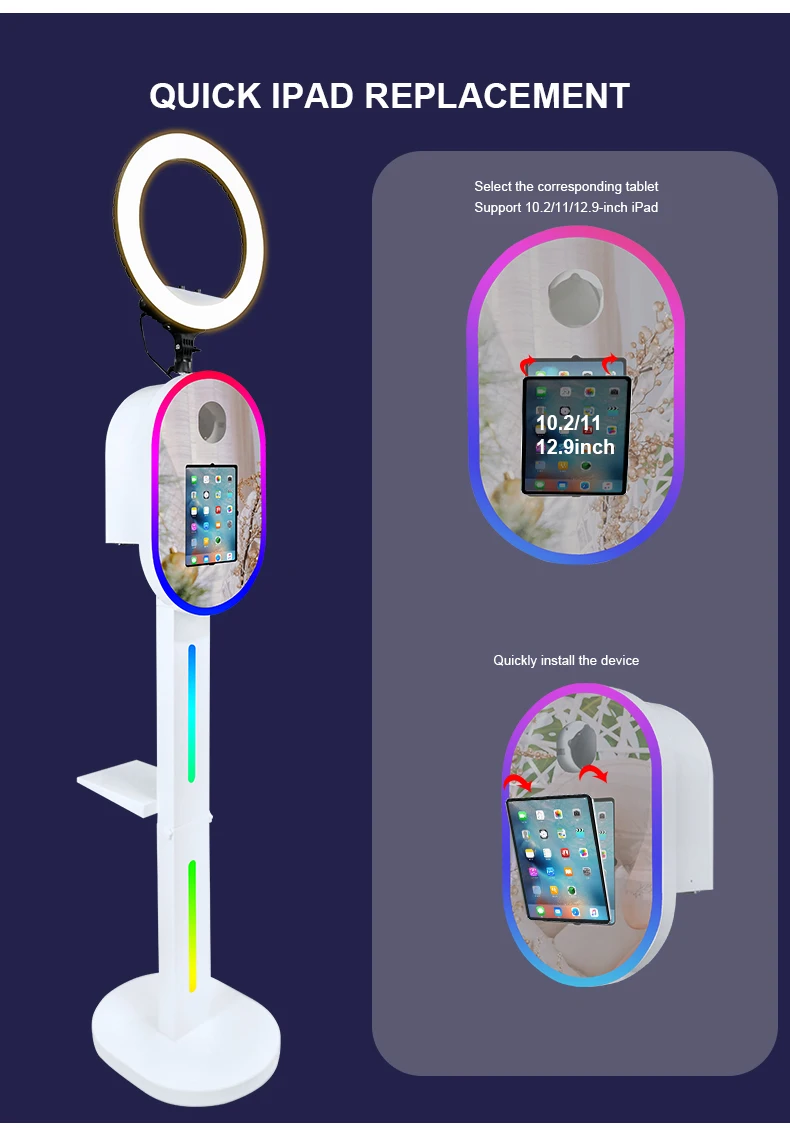 White Dazzling RGB Light 10.2/10.5/10.9/11/12.9 Inch Ipad Photo Booth 3 In 1 Portable Selfie Camera Mirror Photobooth Shell