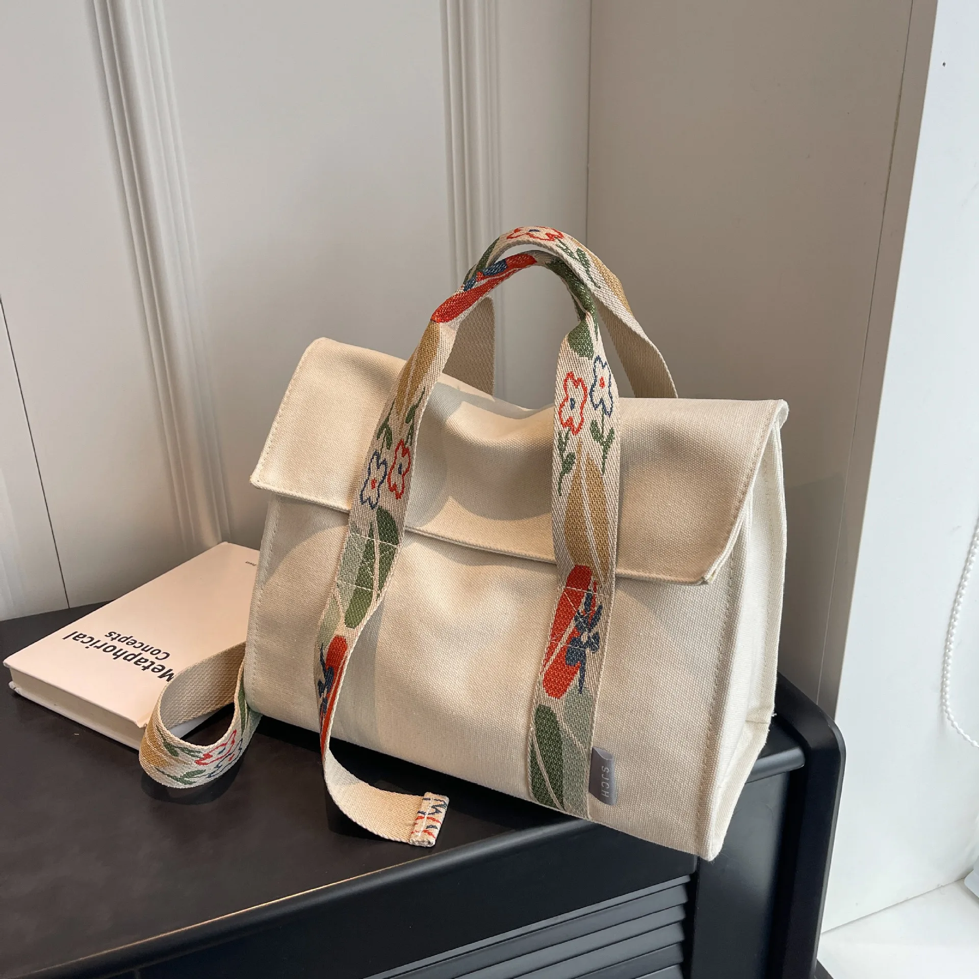 Leisure simple cotton customize pattern size color flip cover tote shopping bag