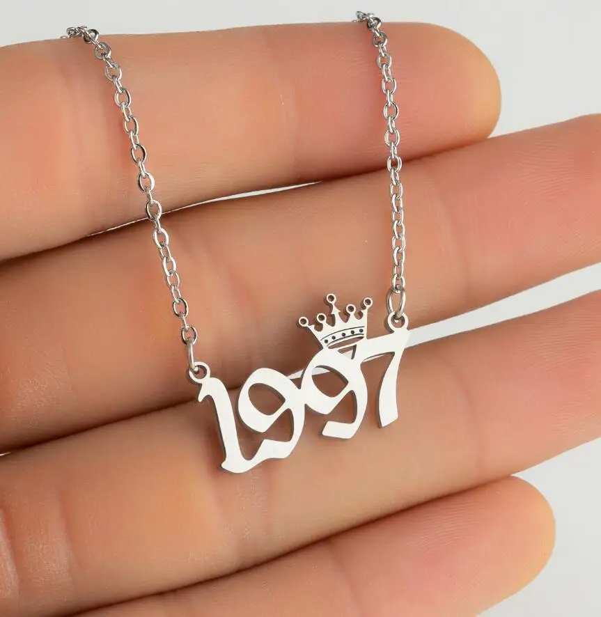 Silver Titanium Jewelry Birthday Gift Personalized Digital Pendant Stainless Steel Year Crown Necklaces for Women Girl 1980-2019