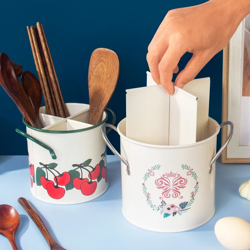 Vintage cherry tableware bucket household kitchen chopsticks cage knife and fork storage bucket