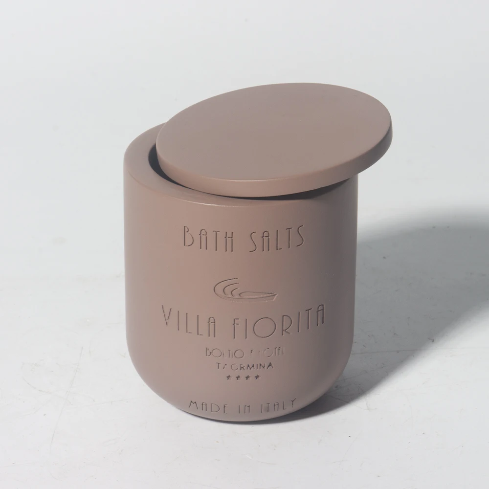 12zo Brown concrete custom embossed logo candle jars empty candle container with lid cement candle vessels