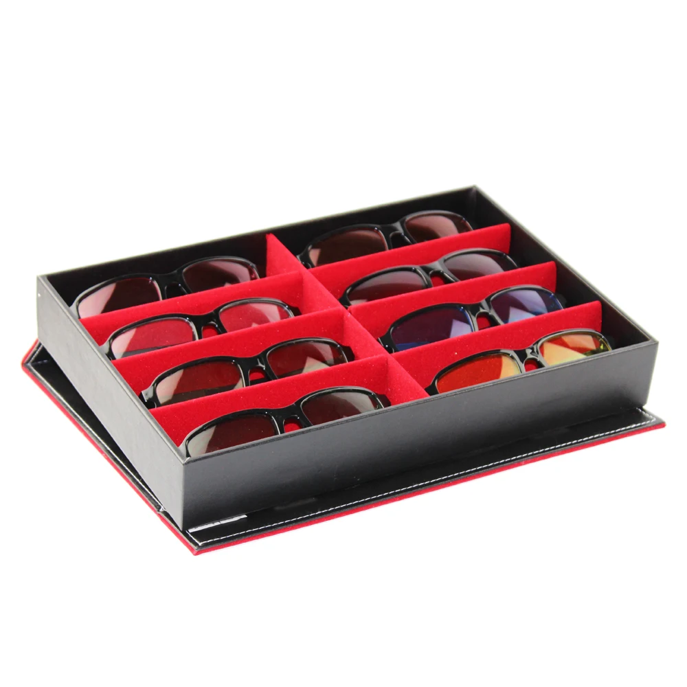 Luxury PU Velvet Black Red 8 Slots Eyewear Display Stand Sunglasses Display Box Spectacles Case