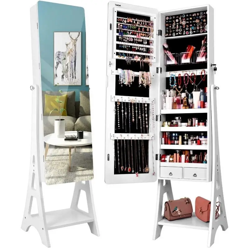 LED Jewelry Standingr Household Mirrored  Furniture White Vertical Jewelry Cabinet