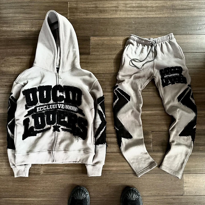 YSJY Custom Zip Up Sweatsuit Manufacturer Distress Patch Acid Wash Hoodie And Sweatpants Set Flared Tracksuit For Men