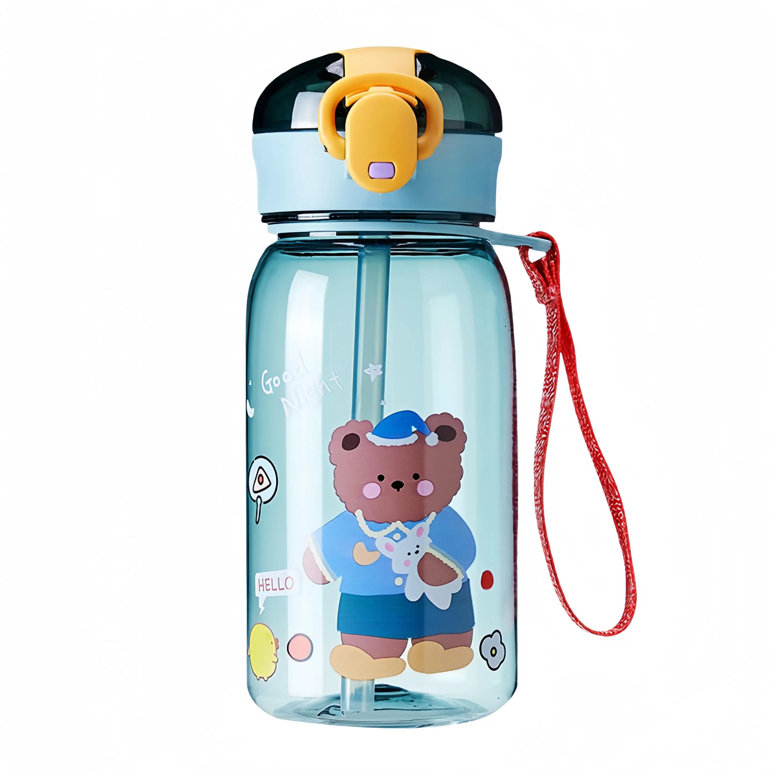 Cartoon Bear Plastic Mug with Portable Carrying String Bouncing Lid Straw water bottle for children