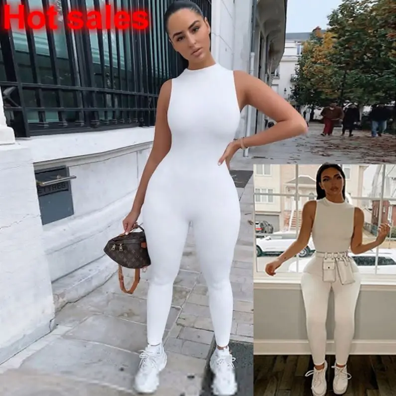 Hot Onsale 2021 Summer New Sleeveless Solid Color Sports Bodycon Jumpsuit Bodysuits Women One Piece Jumpsuits And Rompers