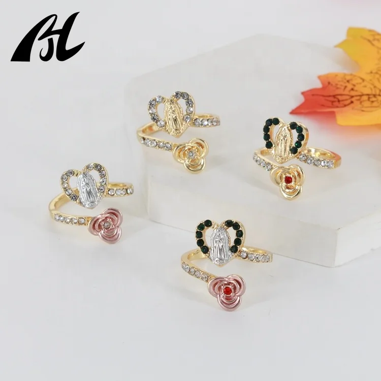 Изысканное мастерство Medalla de La Дева Мария Гваделупская Anillo уникальный обручальные кольца в форме сердца со стразами любовь