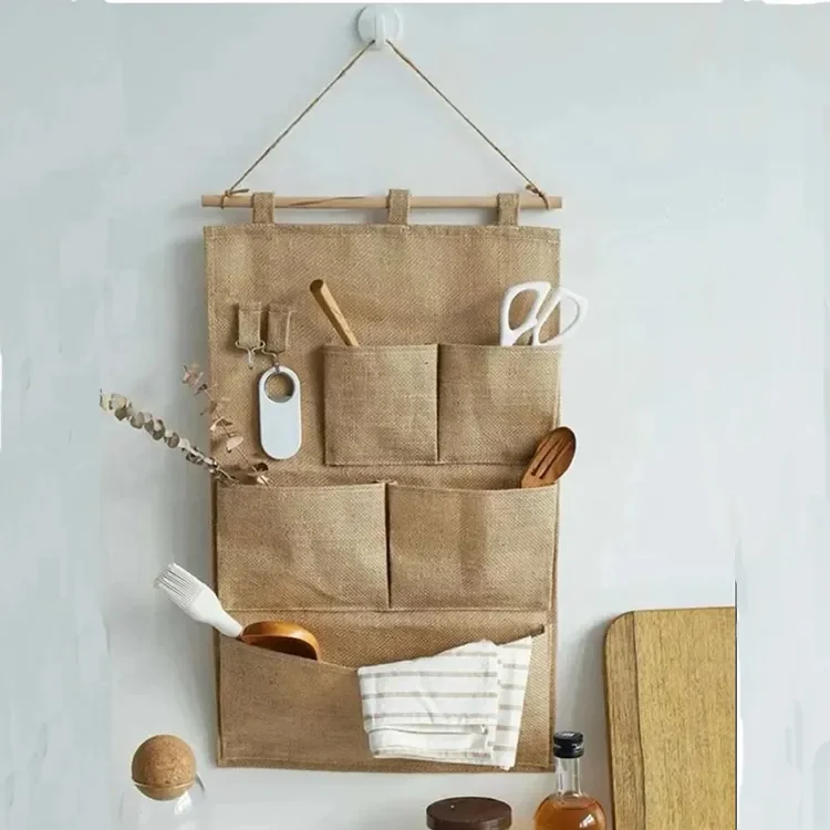 Factory price jute fabric wall door hanging storage bag multi pockets Linen Cotton Hanging Organizer Bag burlap Pocket Organizer