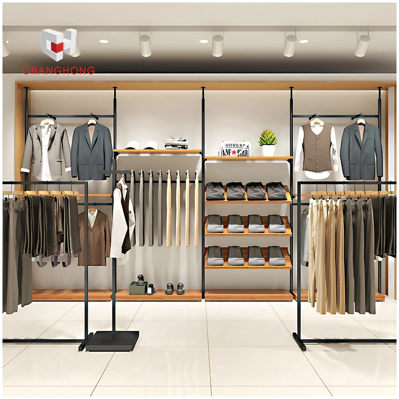 Commercial Iron Clothing Rack Wall Mounted Hanging Shelf For Clothing Racks For Clothing Store Men with LED Lights