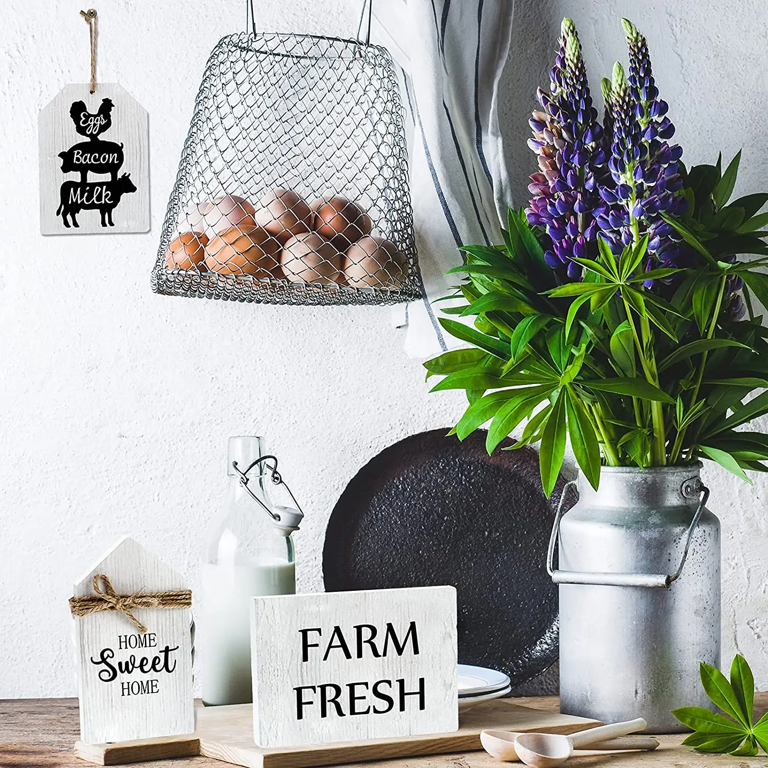 Farmhouse Tiered Tray Decorations Set Home Sweet Home Wood Sign Eggs Bacon Milk Sign and Rustic House Shaped Table Decor