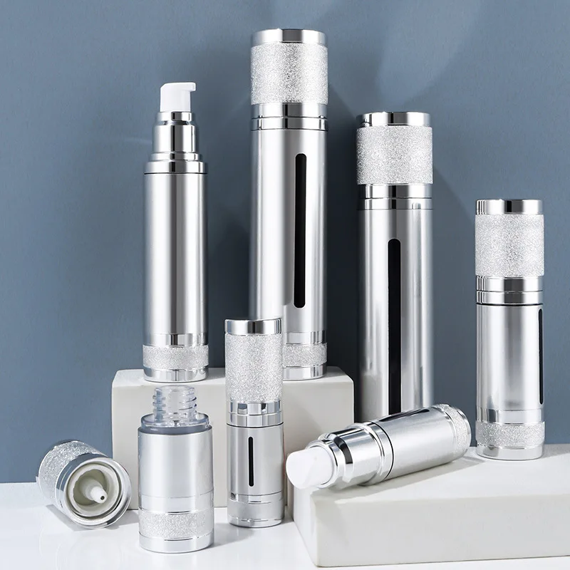 10ML 15ML 20ML 30ML 50ML 80ML 100ML 120ML Silver Tumbled Vacuum Cosmetic Pressed Lotion Dispensing Empty Bottle
