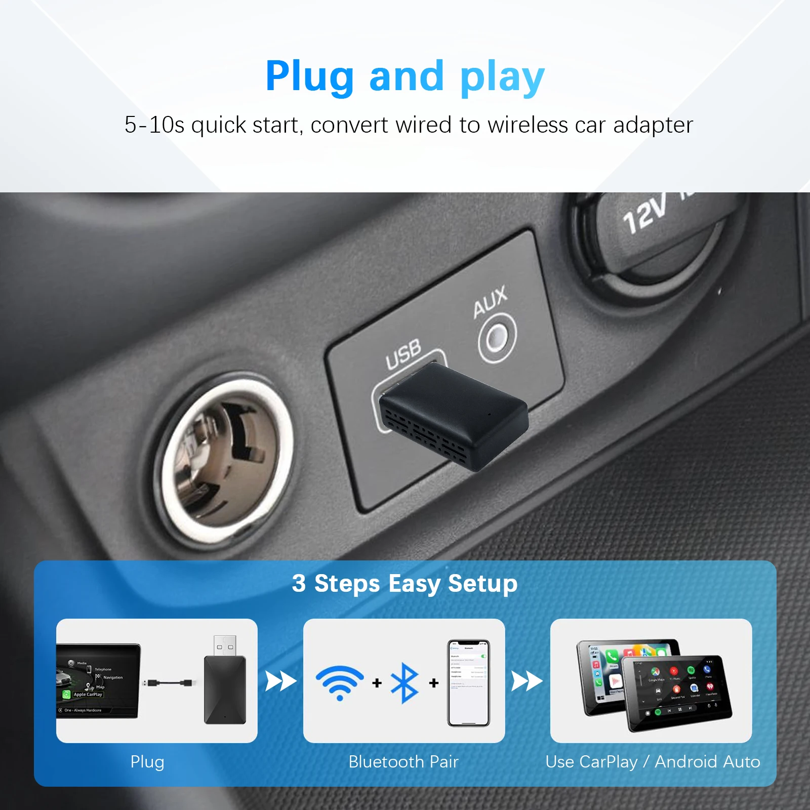 2024 New Release Wireless Carplay & Wireless Android Auto 2 in1 WiFi Dongle for Car Android Player Plug and Play