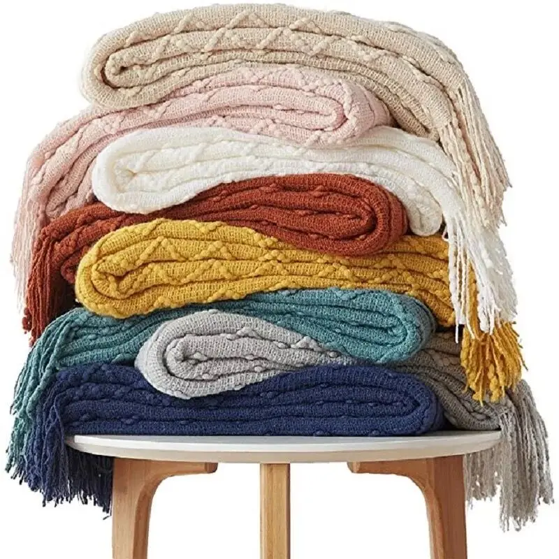 Diamond Pattern Sofa Blanket Bed Throw Blanket Solid Color Knitted Tassel Nap Blanket