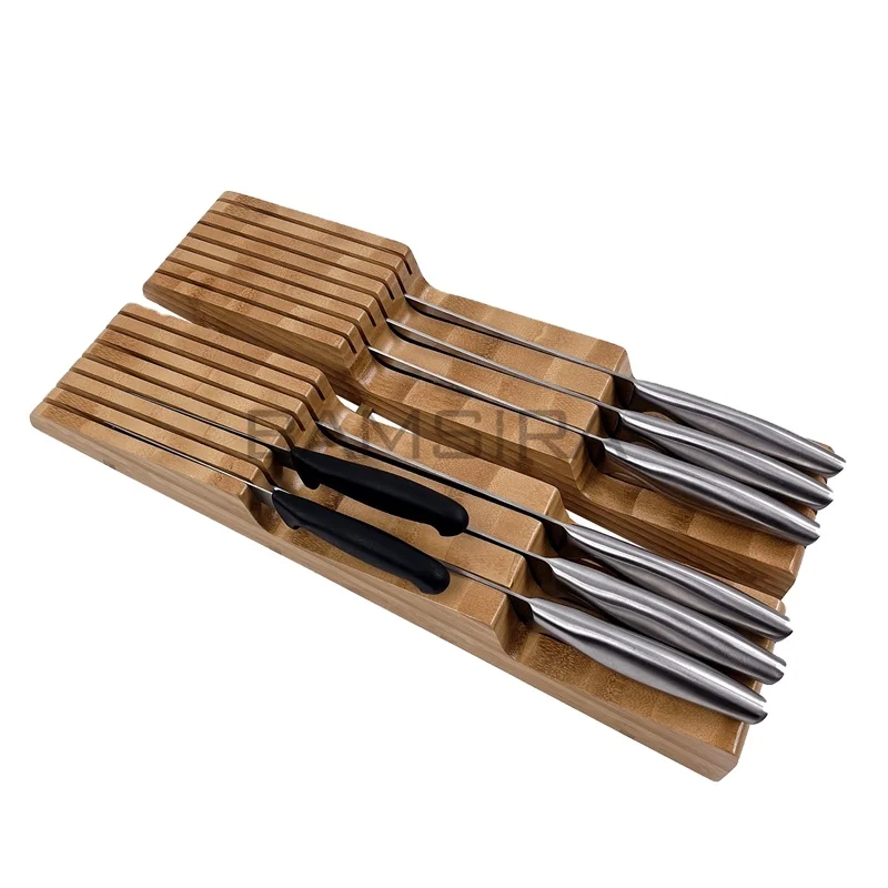 Bamboo Knife Block Drawer Organizer Hold 14 Knives And 1 Sharpener Knife Holder Storage For Kitchen Drawer