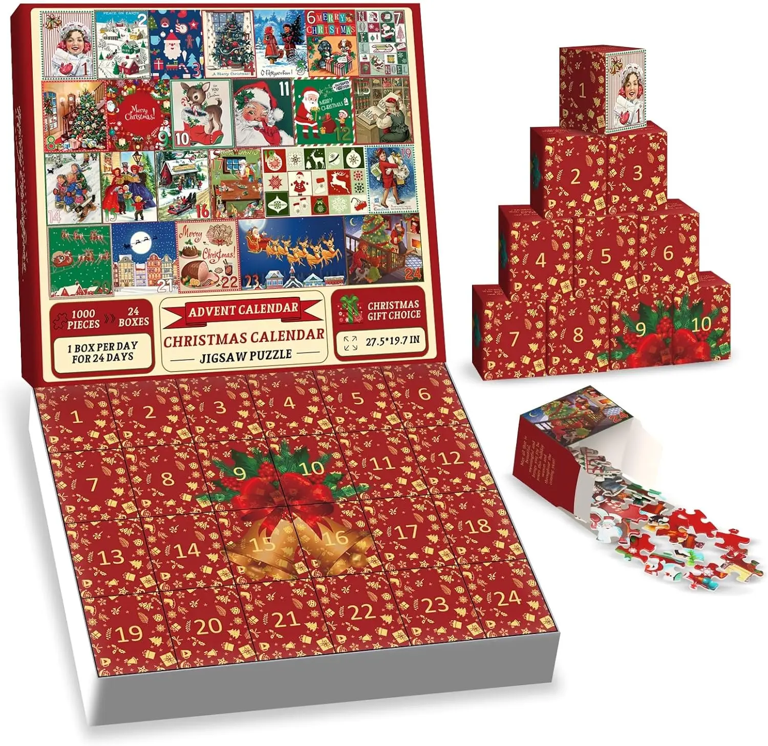Christmas Advent Calendar Jigsaw Puzzle 1000 Piece Christmas Countdown Calendar Puzzle for Adult Holiday Santa Puzzle for Adult