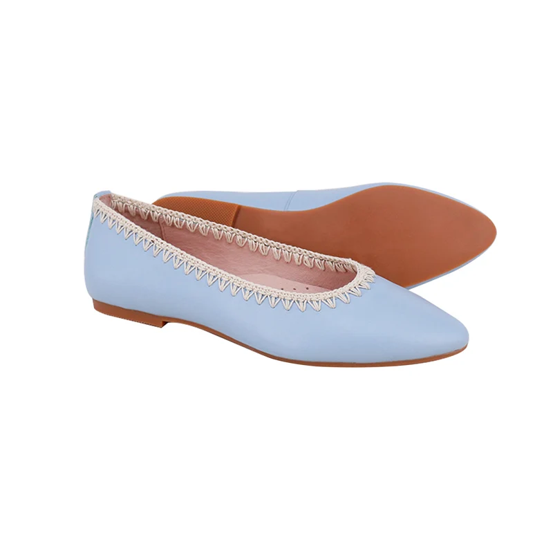 CHOOZII New Arrival Ladies Women Summery Baby Blue Genuine Leather Pointed Toe Ballet Flats with Stylish Crochet Trim