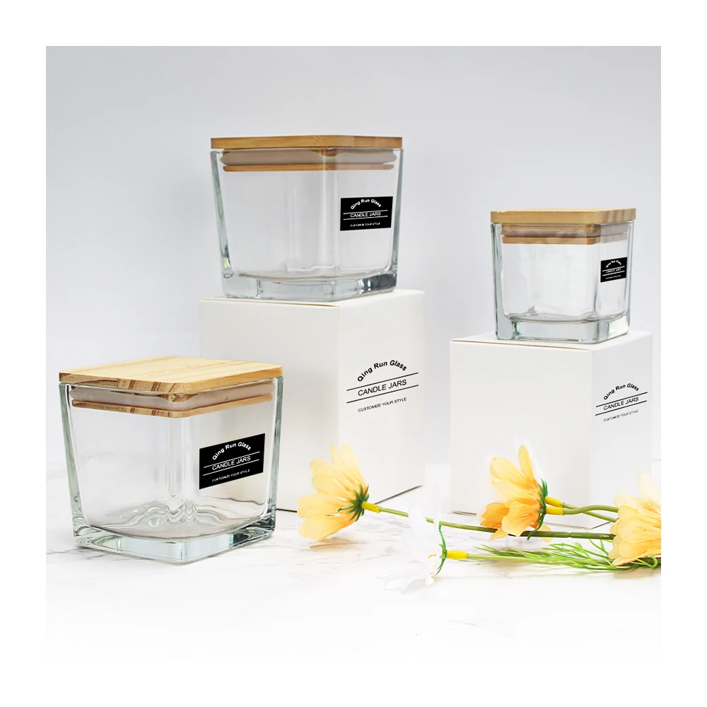 4oz 10oz 18oz Holder Vessels Clear Square Glass Candle Jars Luxury With Wooden Lid and Box  For Scented Candles Making