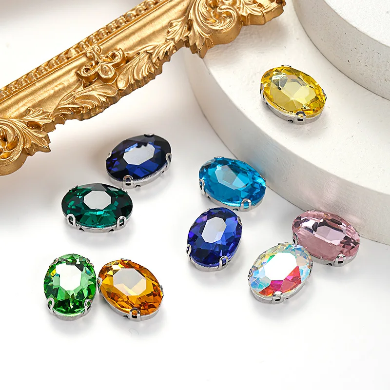 High Quality Full Size Oval Glass Crystal Rhinestone Flat Back  Claw Glass Crystal Sewn On Rhinestone Clothes Accessories