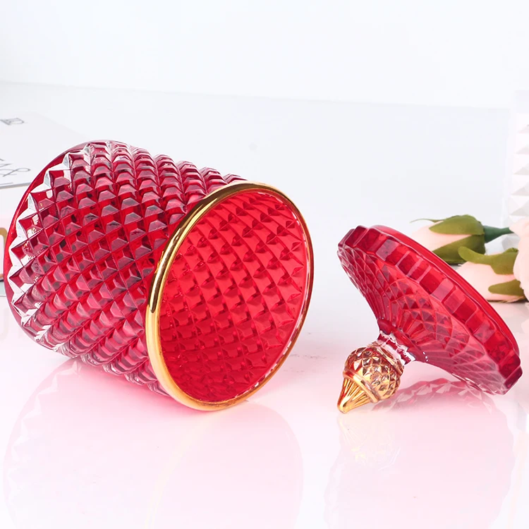 Luxury Diamond Geo Cut Glass Candle Jar Vessel Red Glass Candle Jars For Candles