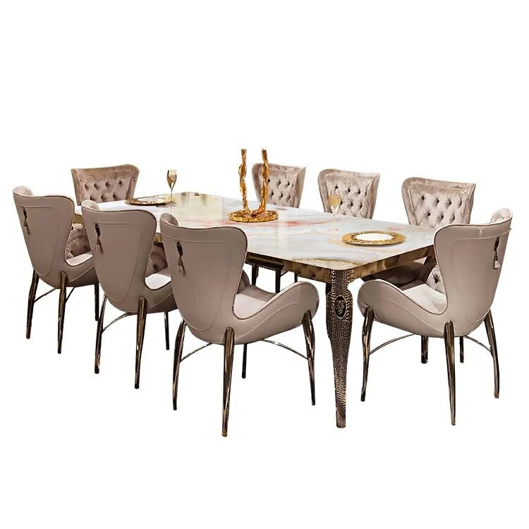 Custom Italian design Royal White luxury dining table modern stainless steel metal marble dining table