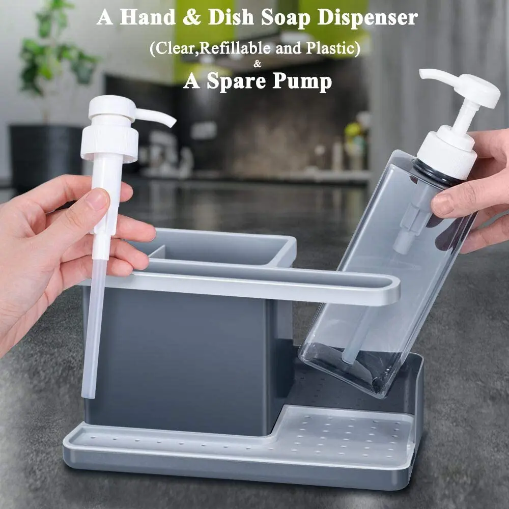 Kitchen Sink Plastic Caddy Organizer with a Hand Soap Dispenser Sponger Brush Holder