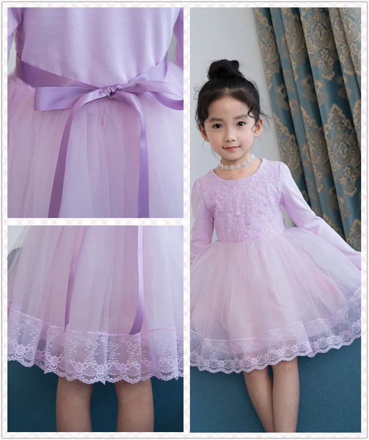 Korean Kids Clothes Spring Autumn Princess Dress Mesh Long Sleeve Solid Color Children Lace Clothing Casual Girls Dress
