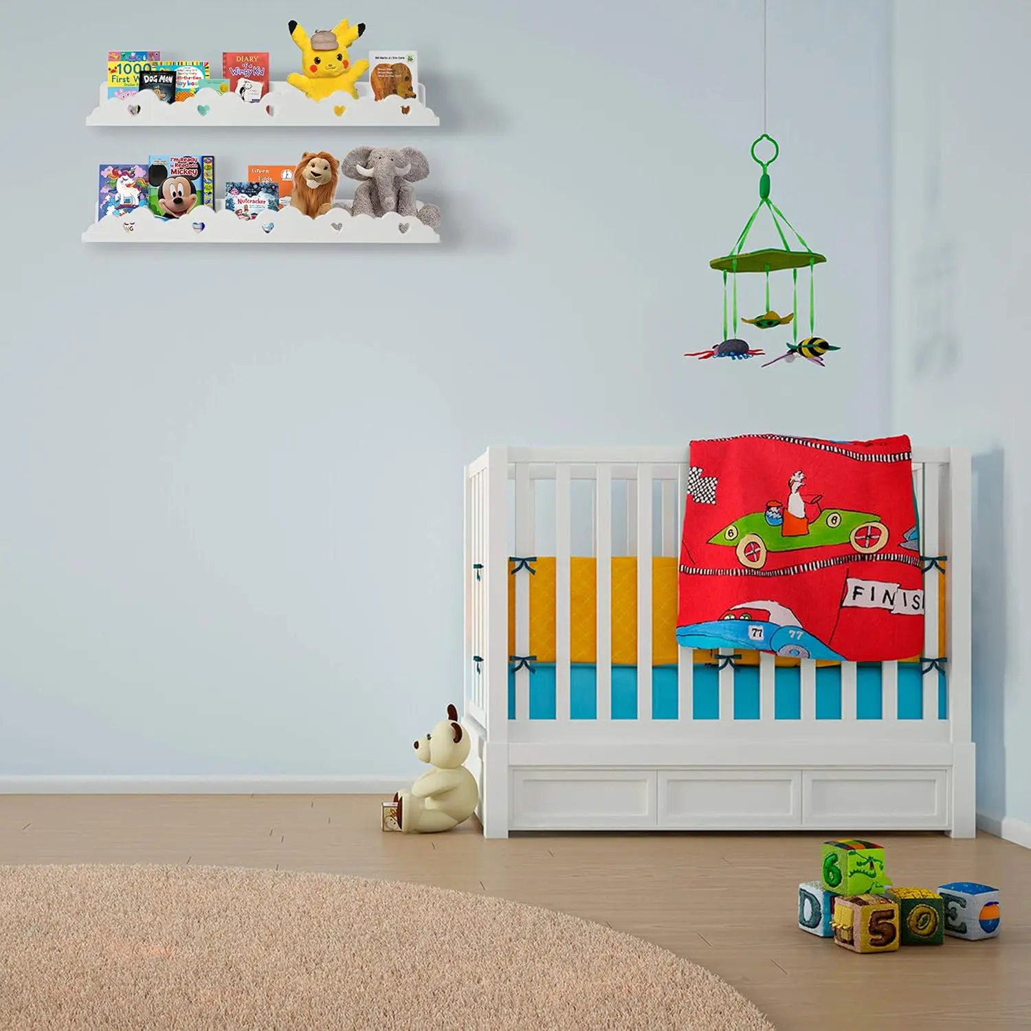 202408 White Two Shelf Set Wall Mounted Floating Shelves Book Storage Ledge Organizer Home Decor Display for Nursery Kids Room