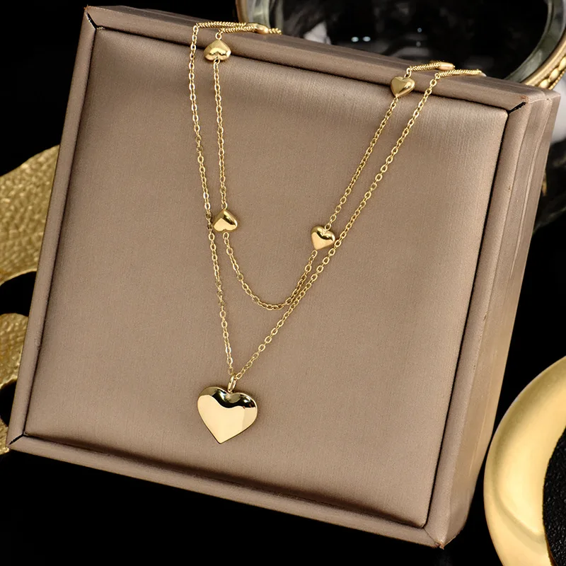 Aimgal Fine Jewelry Titanium steel 18k gold plated physically coated heart pendant double layer necklace