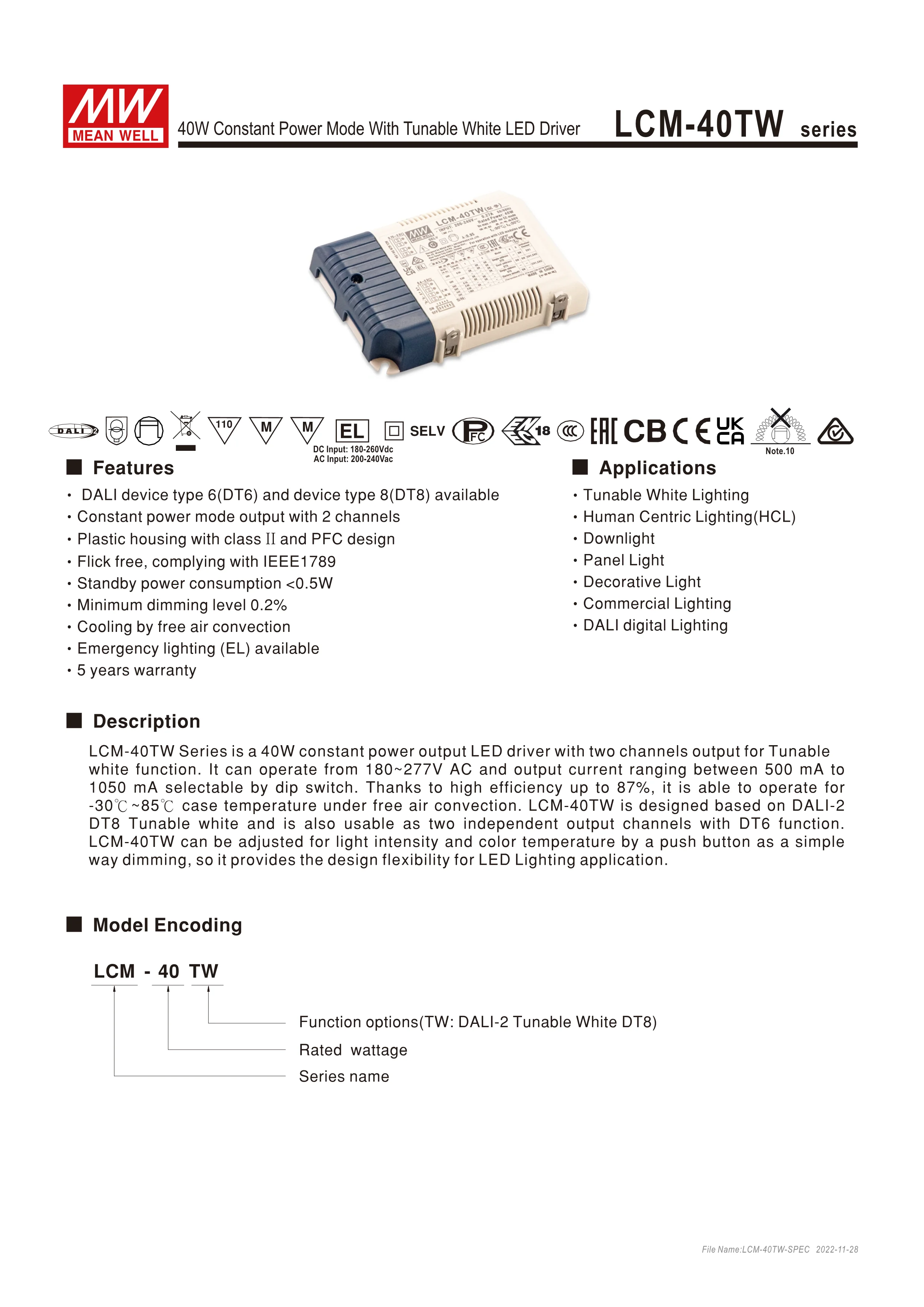 Meanwell dali driver 40W DALI-2 Tunable White DT8 Constant Power Mode With Tunable White LED Driver LCM-40TW series Mean well
