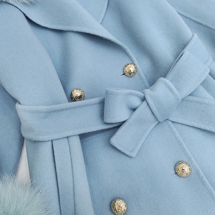 Celebrity winter clothes double breasted overcoat fox fur trimmed women jacket long length winter wool coats