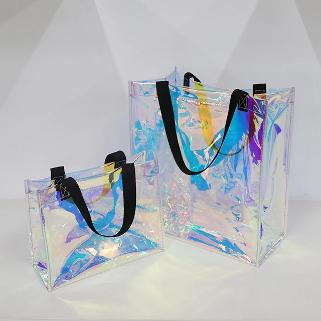 Прозрачные сумочки на заказ, модная прозрачная голографическая Сумка-тоут из ПВХ для покупок