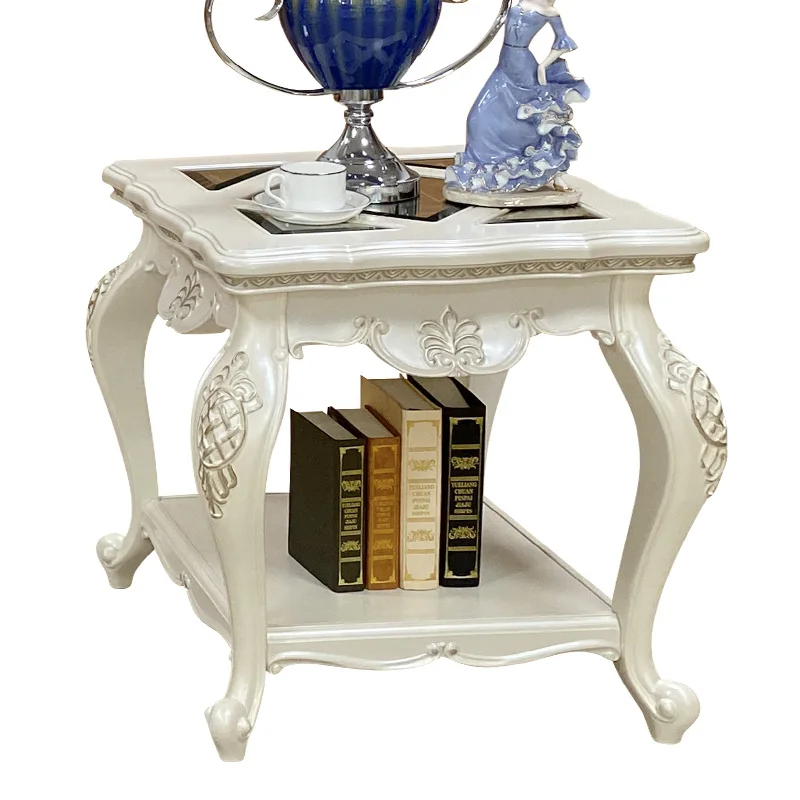 Custom European style coffee table Square wooden side table with temper glass Carved pearl white table for living room hotel