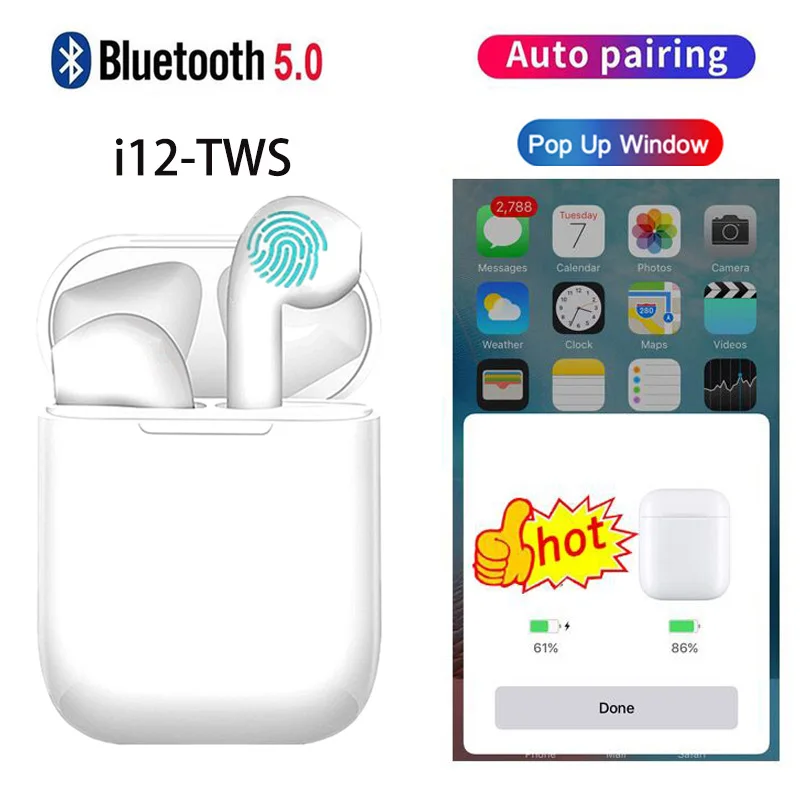 i12 TWS Blueteeth 5.0 Earphone Headset True Wireless Earbuds Blueteeth Headphones With Mic Stereo Eirpods Charger Box For Xiomi
