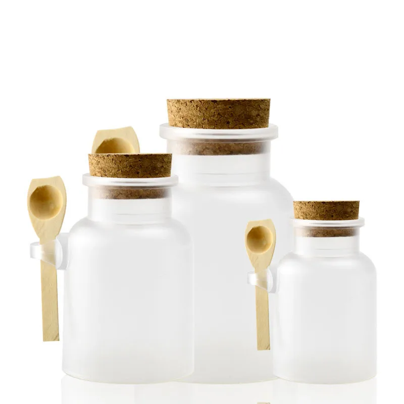 100ml 200ml 300ml 500ml ABS empty frosted bath salt plastic bottle  with Wooden Spoon Facial Refillable Container
