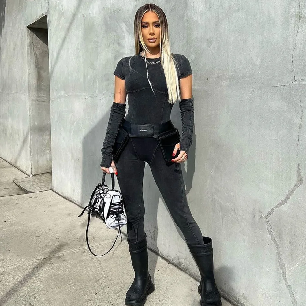 Gray Denim One Piece Sexy Jeans Jumpsuit Women New Short Sleeve Streetwear Outfits Bodycon Zipper Jumpsuits