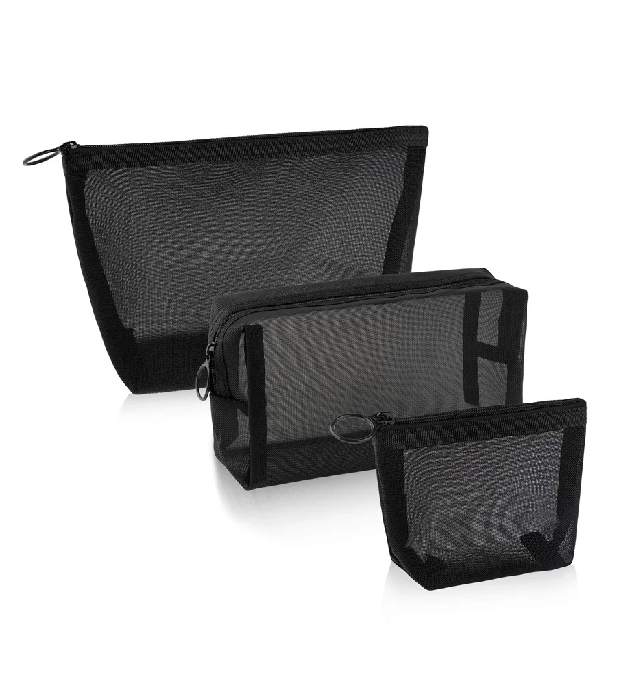 
3 Pieces Mesh Cosmetic Bag Black Mesh Zipper Pouch for Offices Travel Accessories, 3 Sizes 
