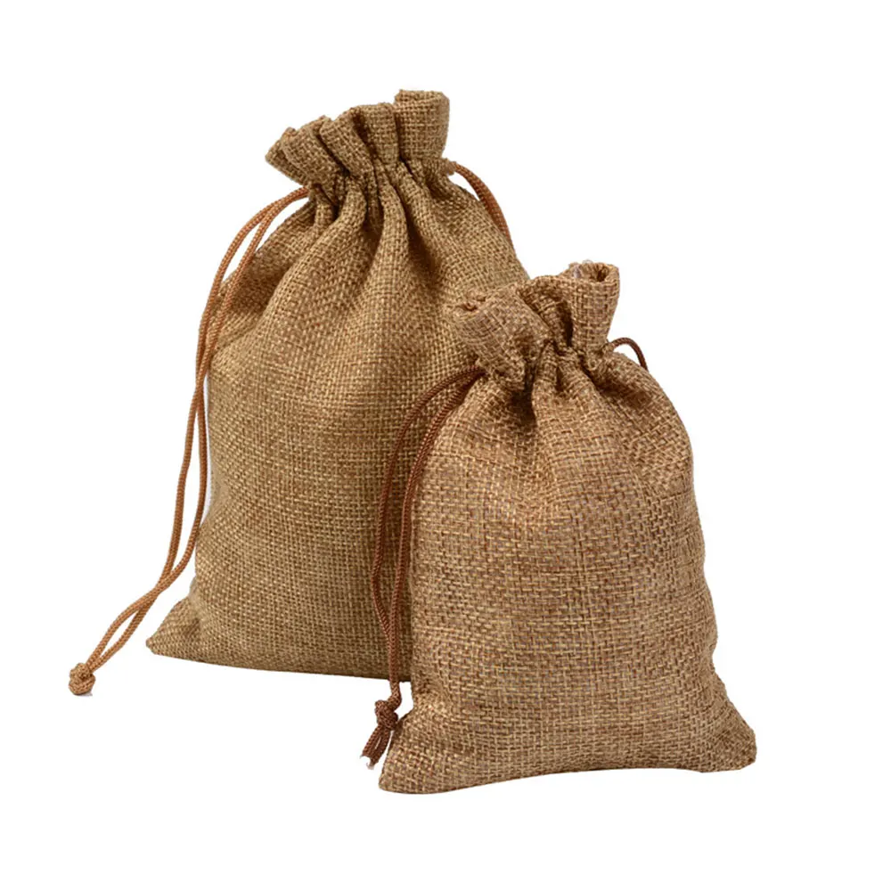 Durable using pink mini jute cotton linen drawstring gift bags pouch burlap custom logo for jewelry coffee