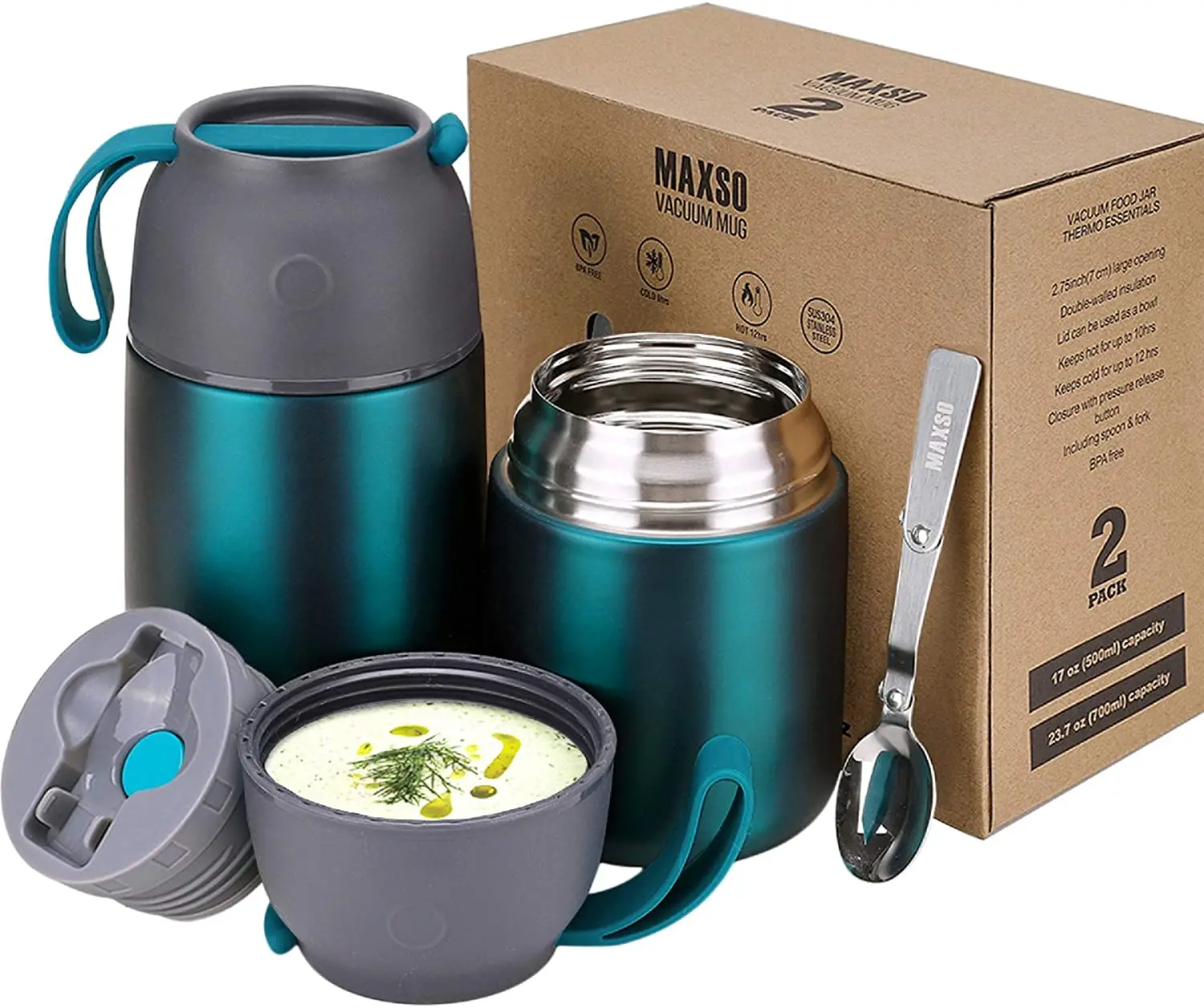 18/8 stainless steel 2 Pack Vacuum Insulated Food Jar Hot Food Containers for Lunch School Soup Thermos For Kids(17OZand24OZ)