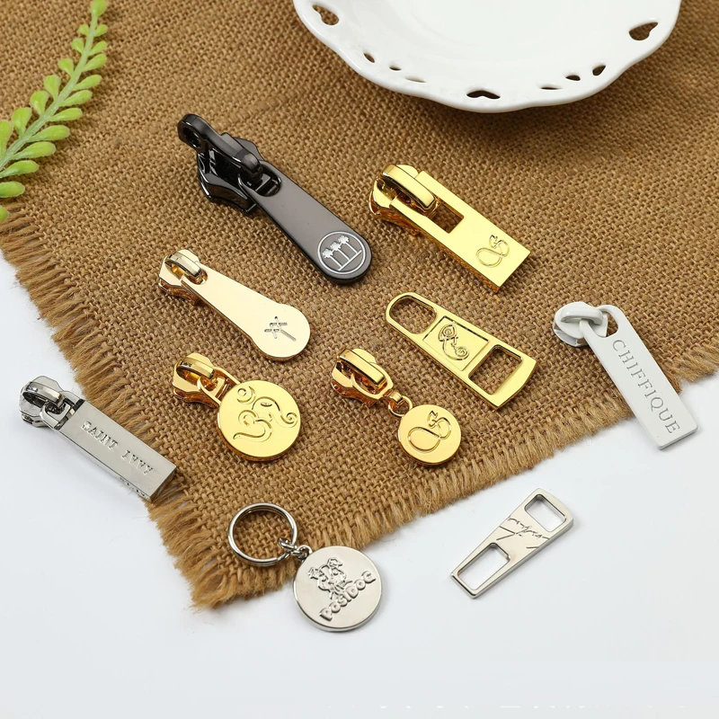 Zipper slider manufacturer custom logo multiple styles zip head metal pull for bag handbag garment slider puller brand label tag